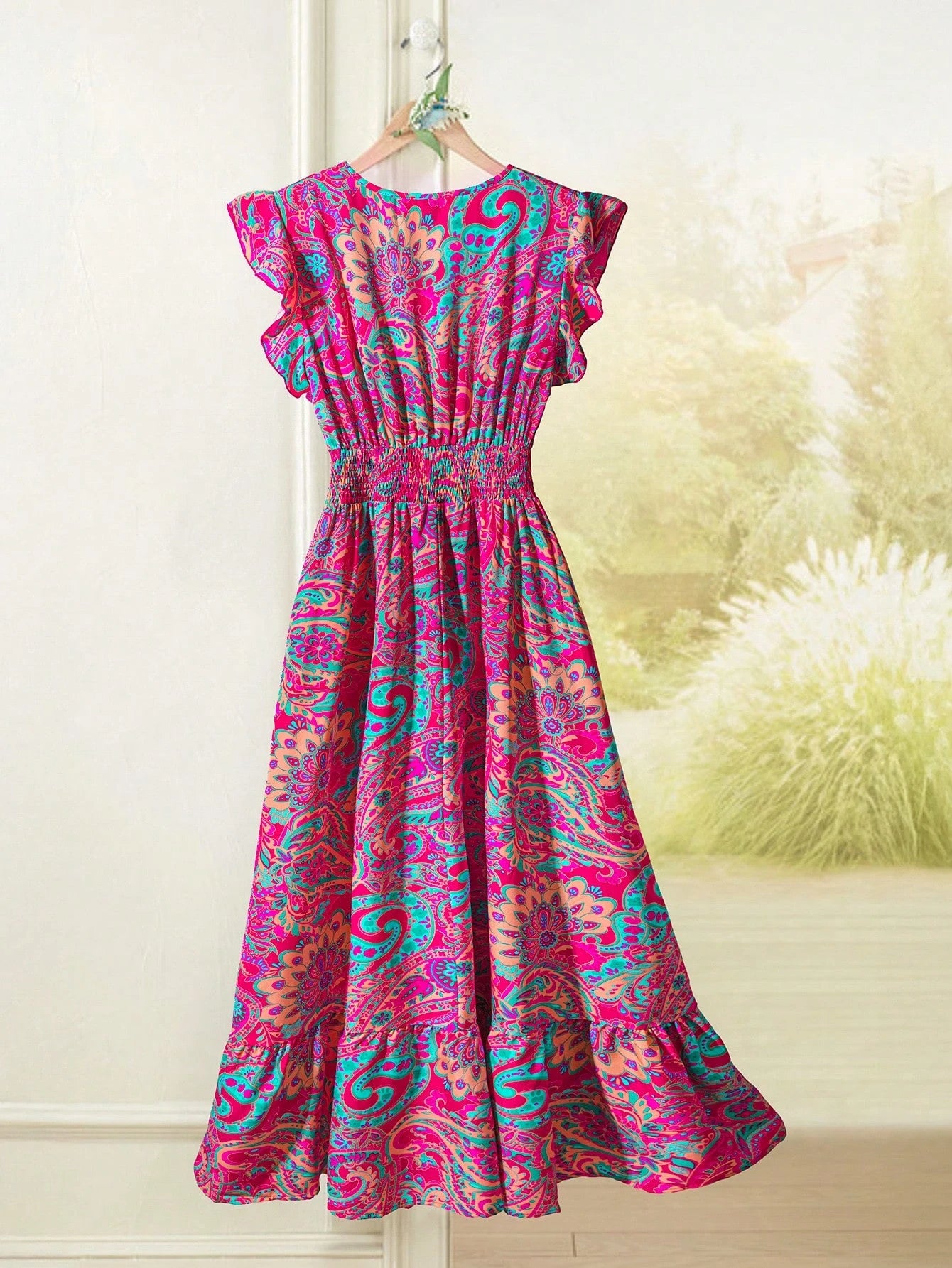 Rusticease Women's Casual Printed V-Neck Summer Holiday Dress With Flutter Sleeves, Pleated Waist And Ruched Hemline,Summer Dresses For Women