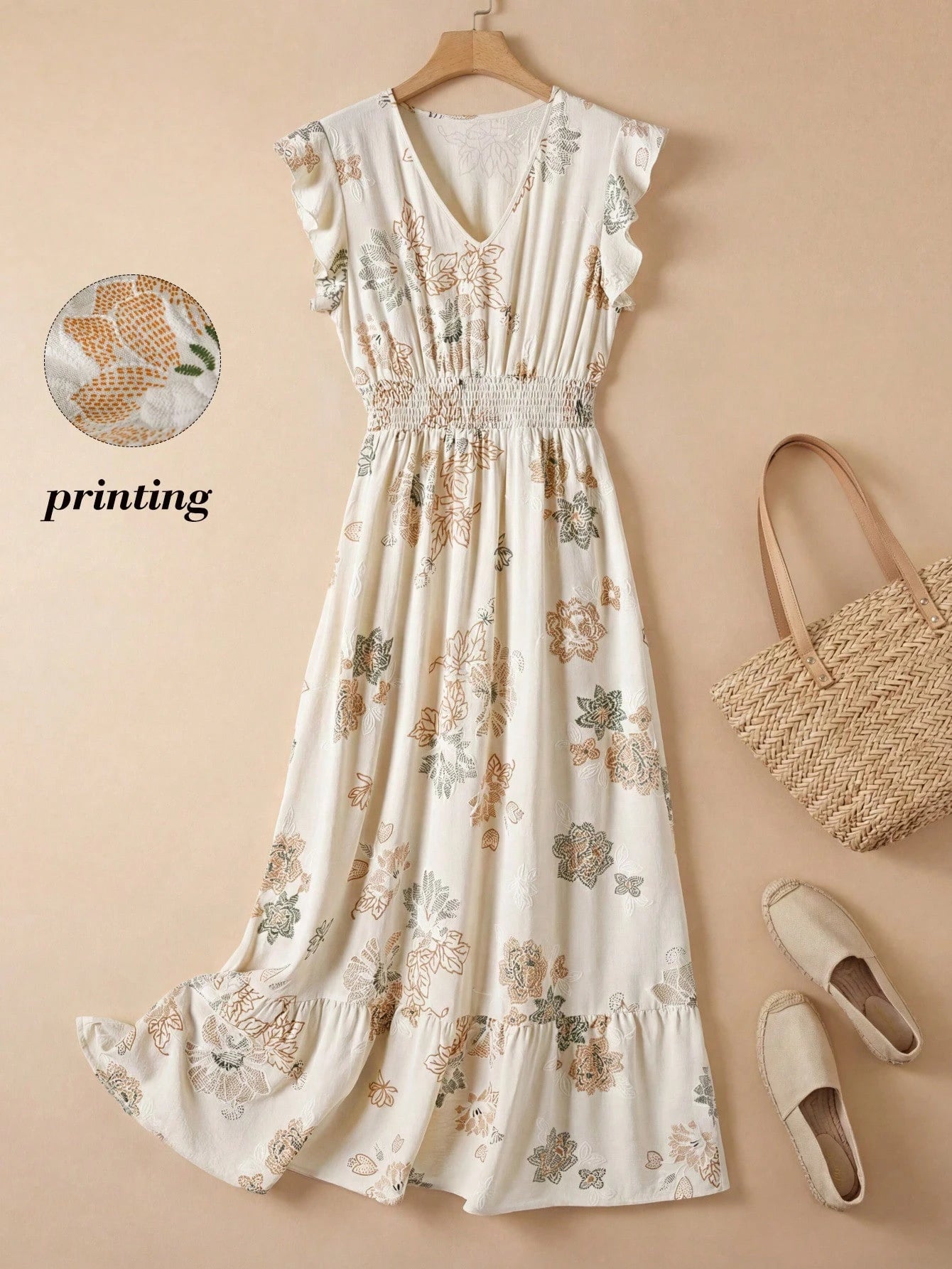 Rusticease Women's Casual Printed V-Neck Summer Holiday Dress With Flutter Sleeves, Pleated Waist And Ruched Hemline,Summer Dresses For Women