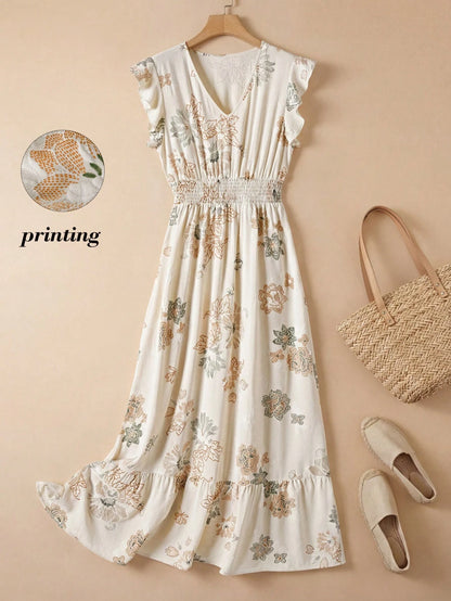 Rusticease Women's Casual Printed V-Neck Summer Holiday Dress With Flutter Sleeves, Pleated Waist And Ruched Hemline,Summer Dresses For Women