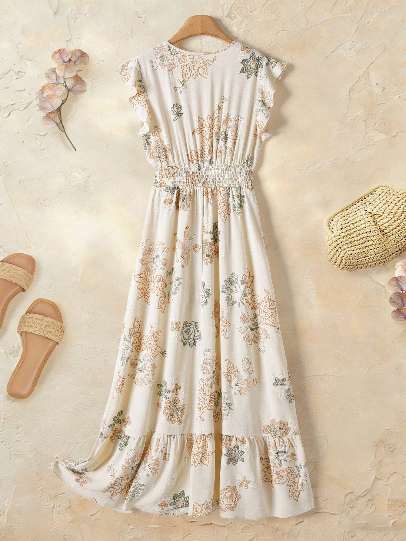 Rusticease Women's Casual Printed V-Neck Summer Holiday Dress With Flutter Sleeves, Pleated Waist And Ruched Hemline,Summer Dresses For Women