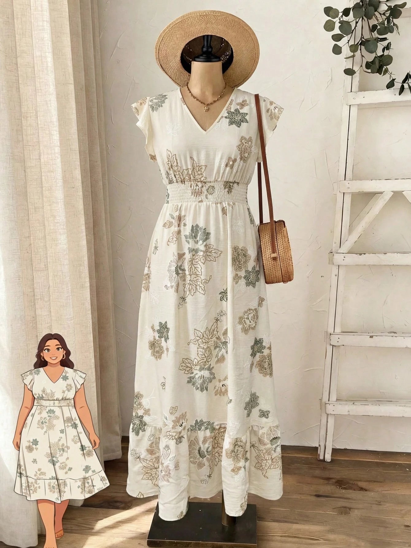 Rusticease Women's Casual Printed V-Neck Summer Holiday Dress With Flutter Sleeves, Pleated Waist And Ruched Hemline,Summer Dresses For Women