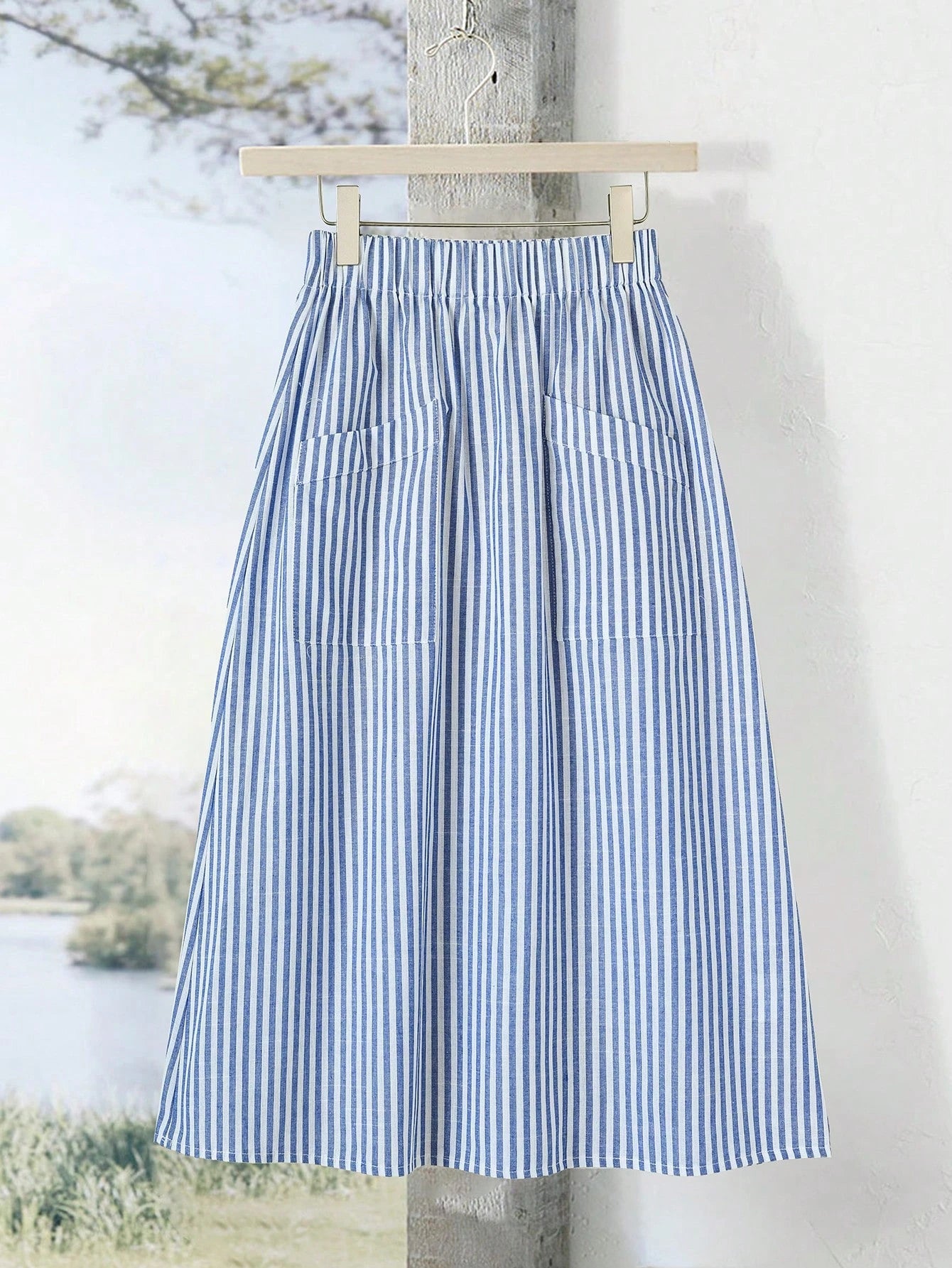 Rusticease Women's Elastic Waist Vertical Striped Casual Skirt, Summer Bali Holiday Vacation Blue And White Stripe