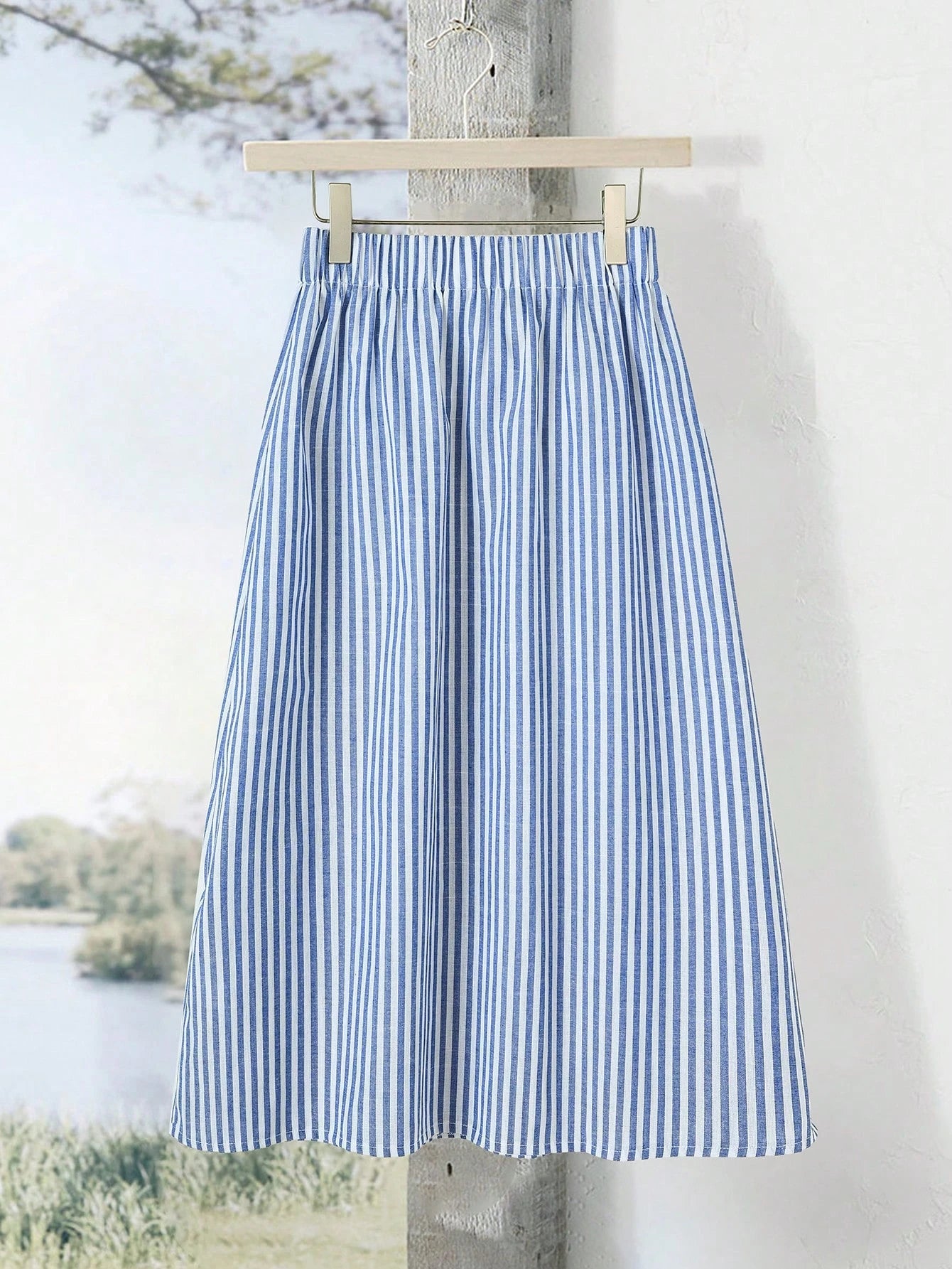 Rusticease Women's Elastic Waist Vertical Striped Casual Skirt, Summer Bali Holiday Vacation Blue And White Stripe
