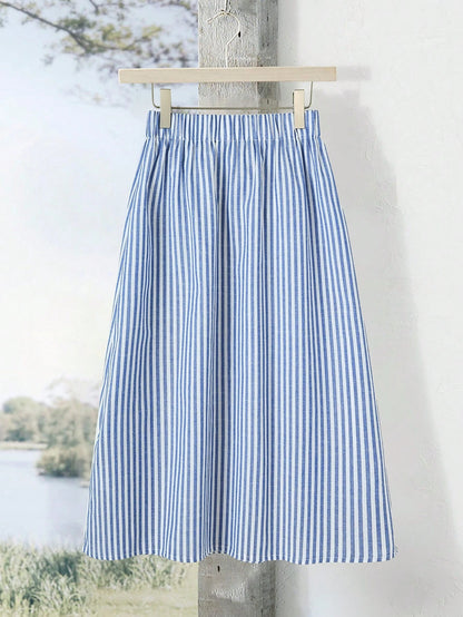 Rusticease Women's Elastic Waist Vertical Striped Casual Skirt, Summer Bali Holiday Vacation Blue And White Stripe