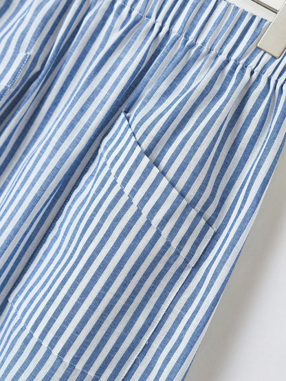 Rusticease Women's Elastic Waist Vertical Striped Casual Skirt, Summer Bali Holiday Vacation Blue And White Stripe