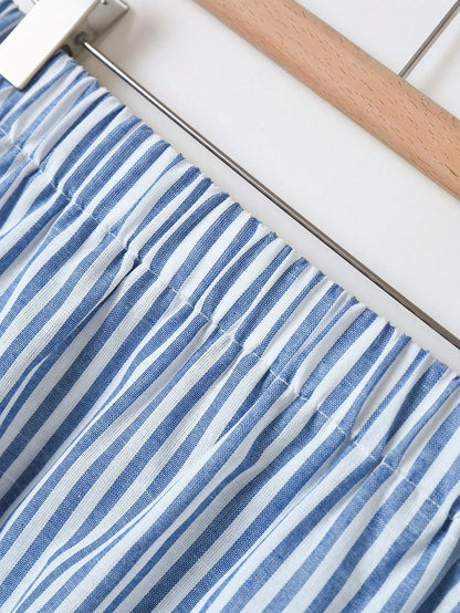 Rusticease Women's Elastic Waist Vertical Striped Casual Skirt, Summer Bali Holiday Vacation Blue And White Stripe