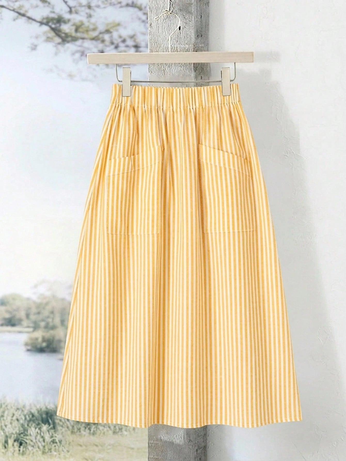 Rusticease Women's Elastic Waist Vertical Striped Casual Skirt, Summer Bali Holiday Vacation Blue And White Stripe