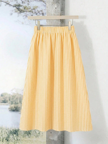 Rusticease Women's Elastic Waist Vertical Striped Casual Skirt, Summer Bali Holiday Vacation Blue And White Stripe