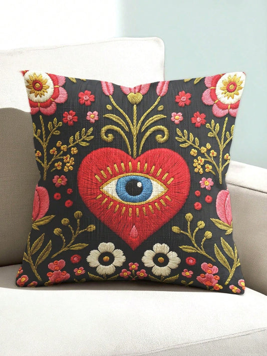 Sacred Heart Evil Eye Pillow Cover, Folk Art Floral Cushion, Maximalist Gothic DE1cor Gift 142g Soft Touch Polyester Pillow Shell, Hidden Zipper Closure, Ideal For Living Room & Farmhouse Decor, Cover
