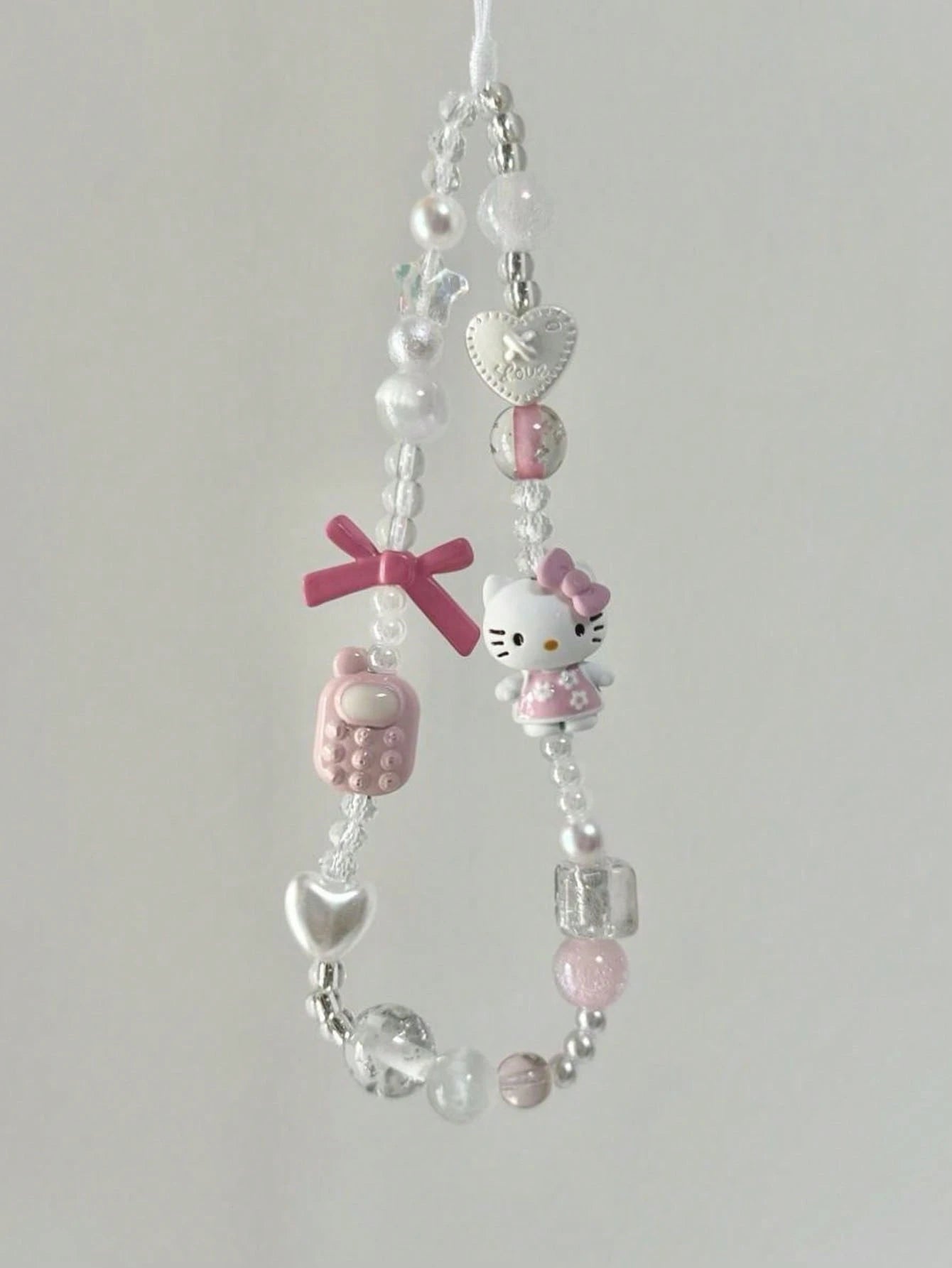 SANRIO 1pc 3D Pink Beaded Phone Charm, Handmade Cartoon Bow Keychain, Creative DIY CCD Camera Crystal Lanyard Pendant, Anti-Lost Accessory Compatible With Android And Most Smartphone,Gifts For Mother
