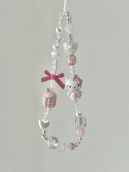 SANRIO 1pc 3D Pink Beaded Phone Charm, Handmade Cartoon Bow Keychain, Creative DIY CCD Camera Crystal Lanyard Pendant, Anti-Lost Accessory Compatible With Android And Most Smartphone,Gifts For Mother