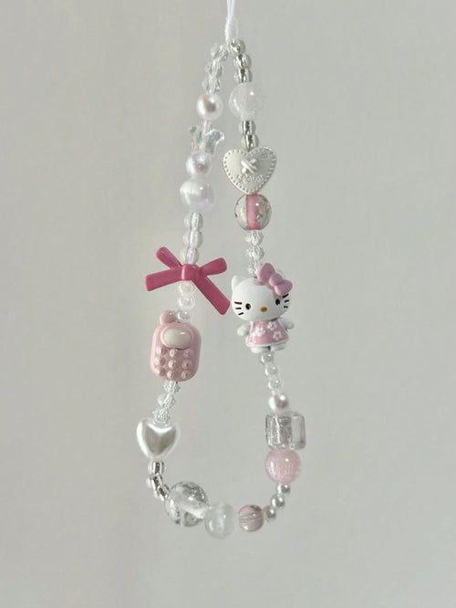 SANRIO 1pc 3D Pink Beaded Phone Charm, Handmade Cartoon Bow Keychain, Creative DIY CCD Camera Crystal Lanyard Pendant, Anti-Lost Accessory Compatible With Android And Most Smartphone,Gifts For Mother