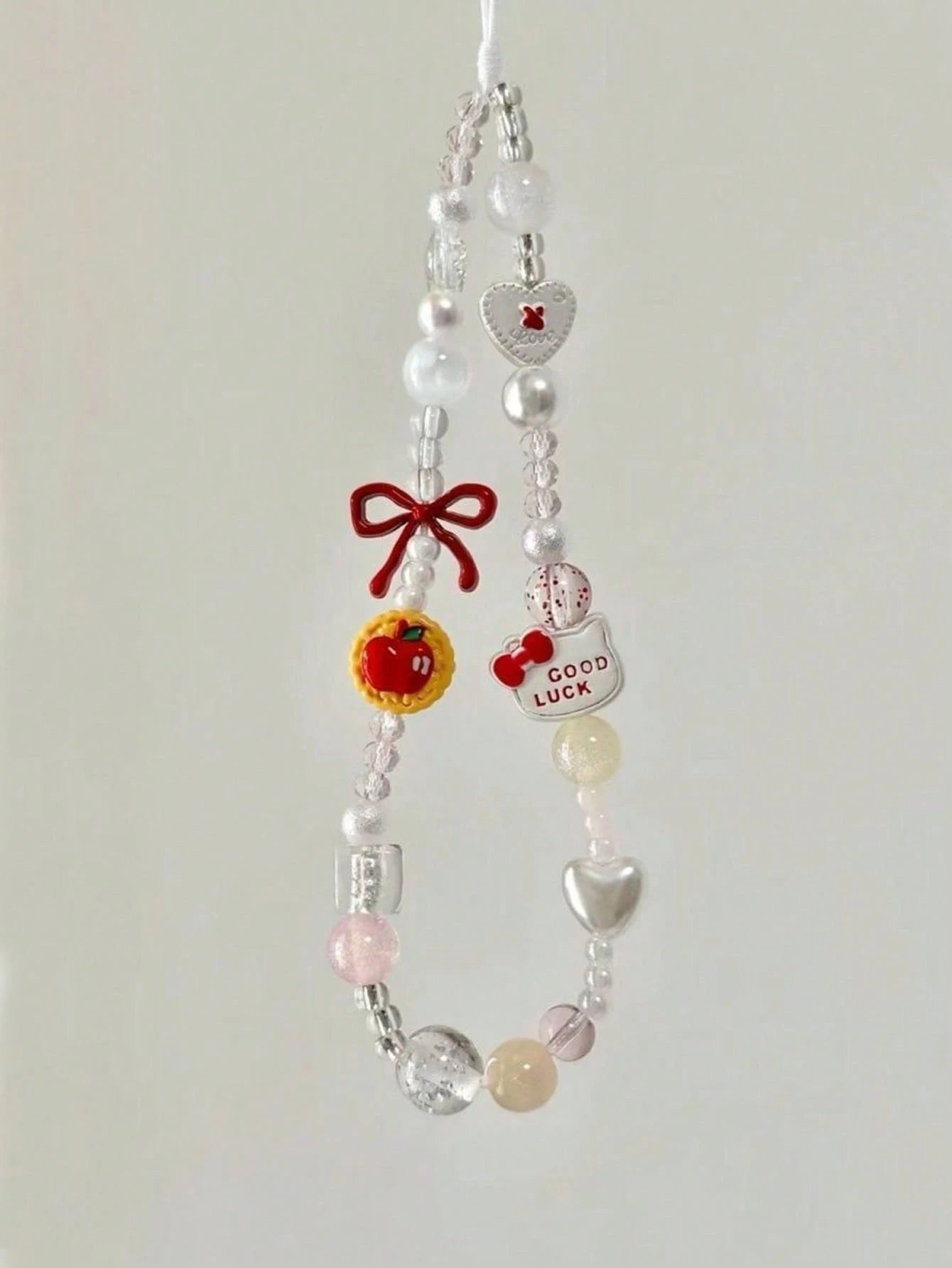 SANRIO 1pc 3D Pink Beaded Phone Charm, Handmade Cartoon Bow Keychain, Creative DIY CCD Camera Crystal Lanyard Pendant, Anti-Lost Accessory Compatible With Android And Most Smartphone,Gifts For Mother