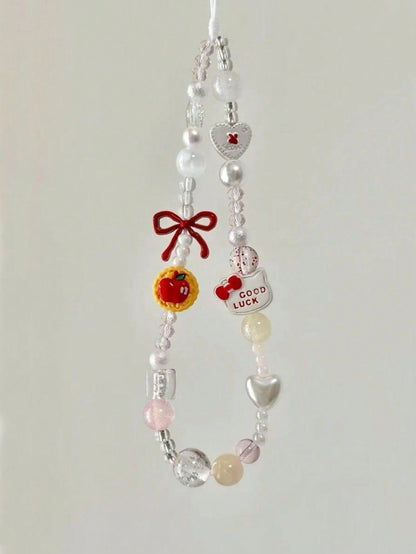 SANRIO 1pc 3D Pink Beaded Phone Charm, Handmade Cartoon Bow Keychain, Creative DIY CCD Camera Crystal Lanyard Pendant, Anti-Lost Accessory Compatible With Android And Most Smartphone,Gifts For Mother