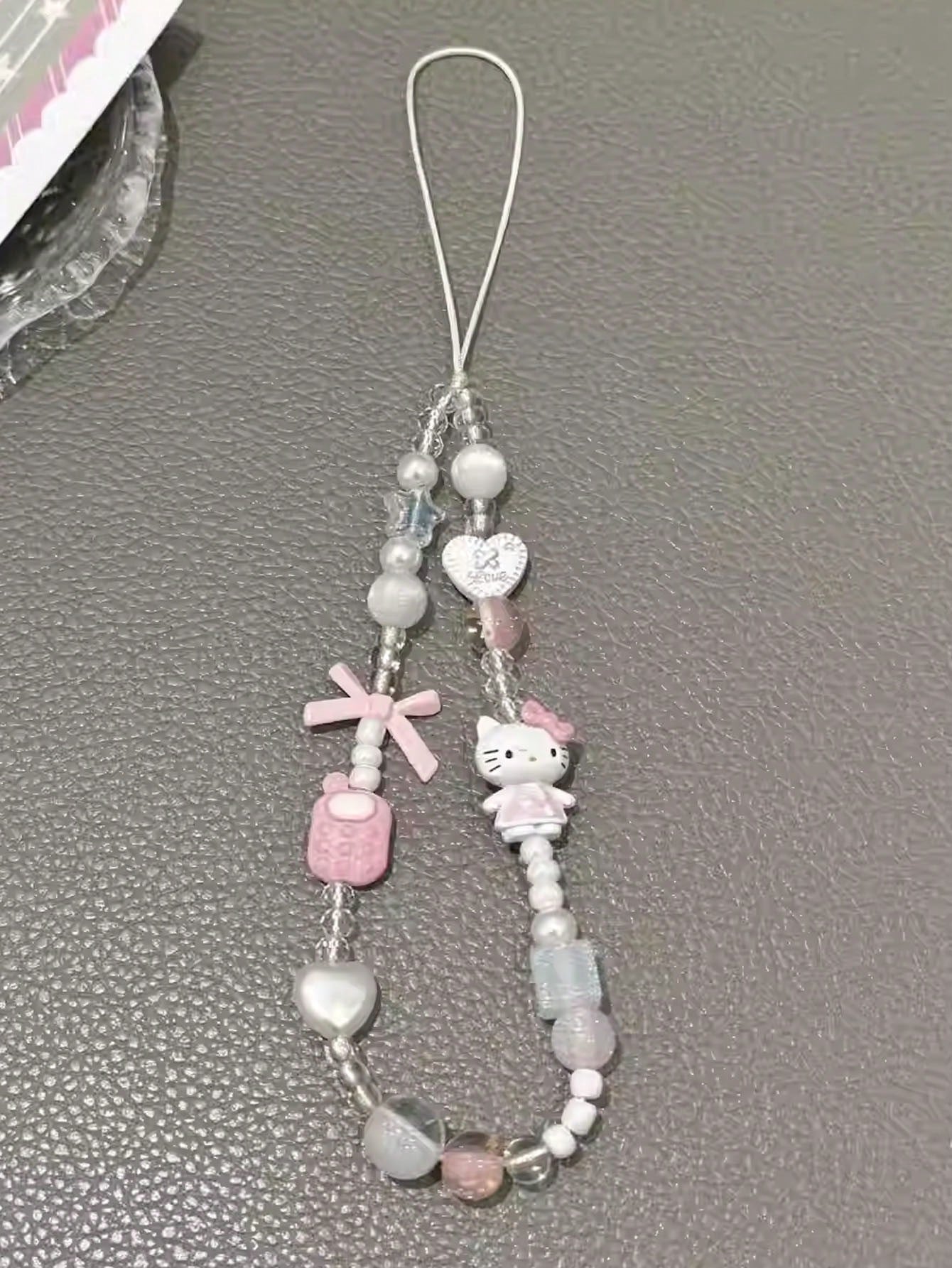 SANRIO 1pc 3D Pink Beaded Phone Charm, Handmade Cartoon Bow Keychain, Creative DIY CCD Camera Crystal Lanyard Pendant, Anti-Lost Accessory Compatible With Android And Most Smartphone,Gifts For Mother