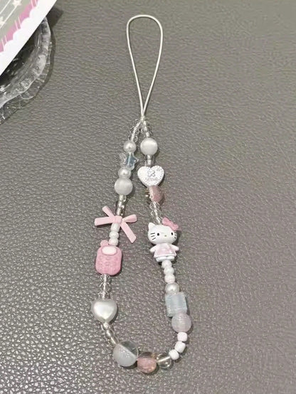 SANRIO 1pc 3D Pink Beaded Phone Charm, Handmade Cartoon Bow Keychain, Creative DIY CCD Camera Crystal Lanyard Pendant, Anti-Lost Accessory Compatible With Android And Most Smartphone,Gifts For Mother