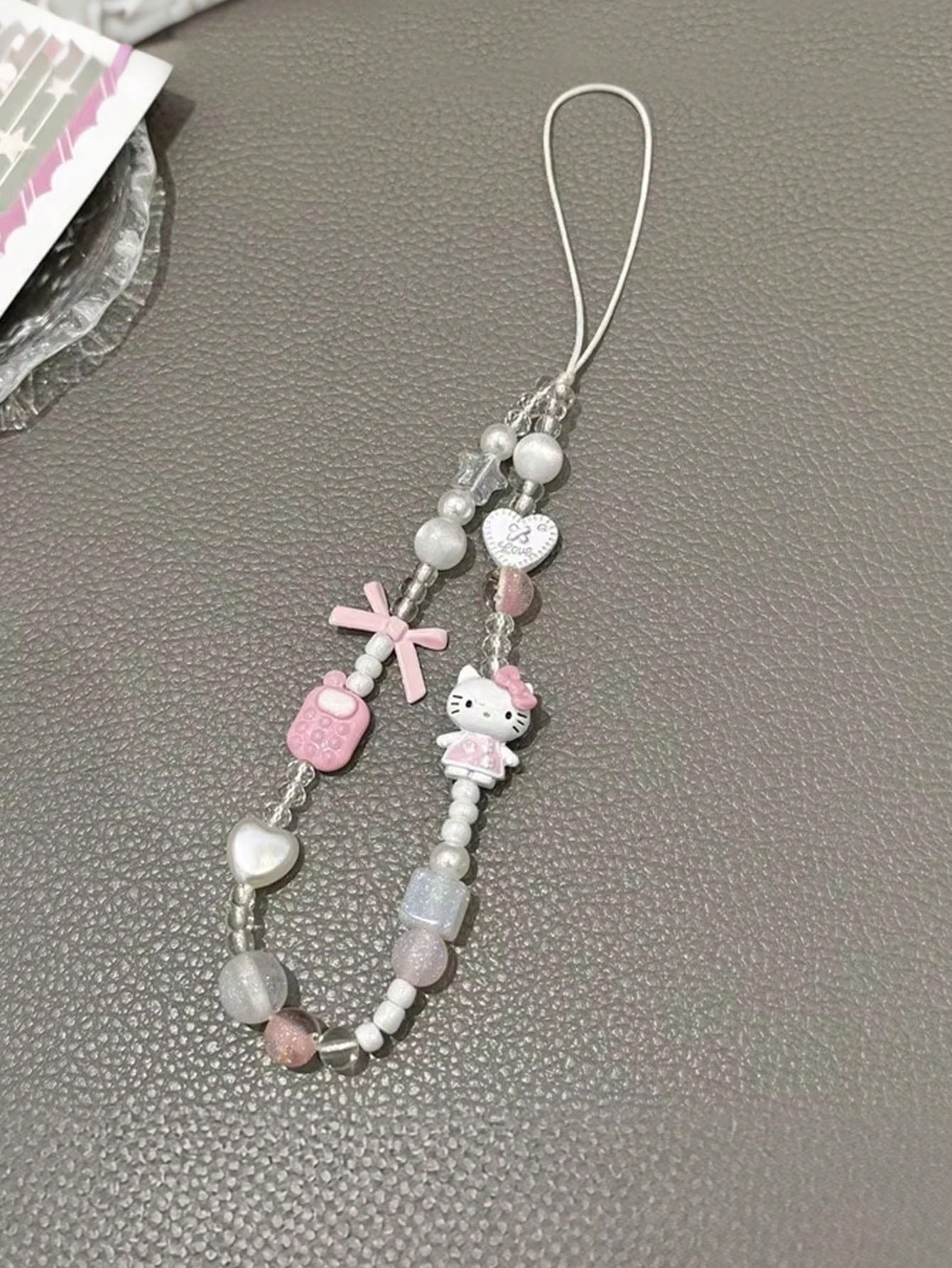 SANRIO 1pc 3D Pink Beaded Phone Charm, Handmade Cartoon Bow Keychain, Creative DIY CCD Camera Crystal Lanyard Pendant, Anti-Lost Accessory Compatible With Android And Most Smartphone,Gifts For Mother