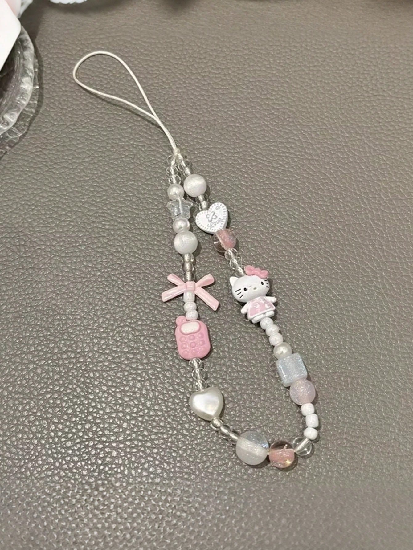 SANRIO 1pc 3D Pink Beaded Phone Charm, Handmade Cartoon Bow Keychain, Creative DIY CCD Camera Crystal Lanyard Pendant, Anti-Lost Accessory Compatible With Android And Most Smartphone,Gifts For Mother