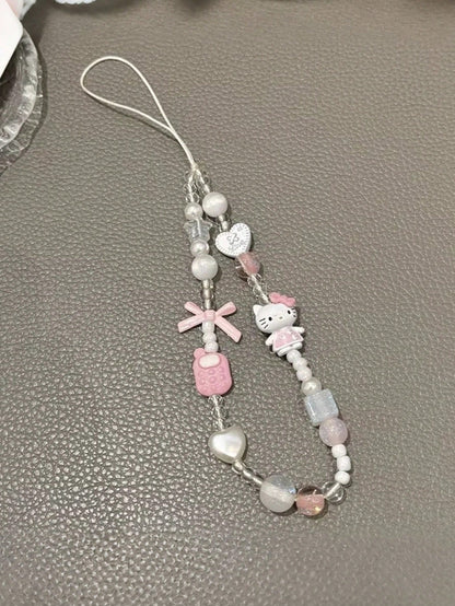 SANRIO 1pc 3D Pink Beaded Phone Charm, Handmade Cartoon Bow Keychain, Creative DIY CCD Camera Crystal Lanyard Pendant, Anti-Lost Accessory Compatible With Android And Most Smartphone,Gifts For Mother