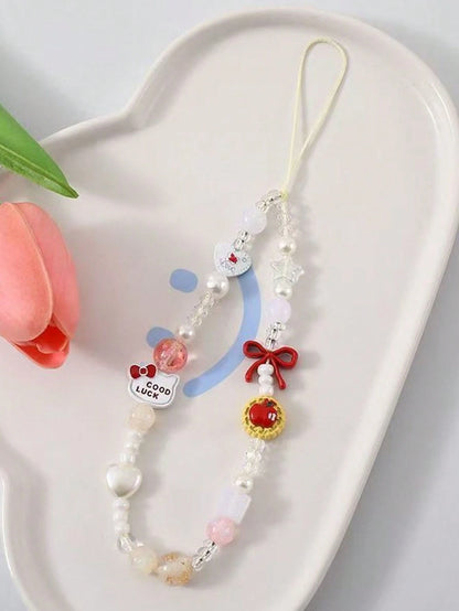 SANRIO 1pc 3D Pink Beaded Phone Charm, Handmade Cartoon Bow Keychain, Creative DIY CCD Camera Crystal Lanyard Pendant, Anti-Lost Accessory Compatible With Android And Most Smartphone,Gifts For Mother