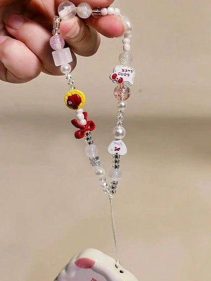 SANRIO 1pc 3D Pink Beaded Phone Charm, Handmade Cartoon Bow Keychain, Creative DIY CCD Camera Crystal Lanyard Pendant, Anti-Lost Accessory Compatible With Android And Most Smartphone,Gifts For Mother