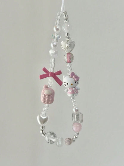SANRIO 1pc 3D Pink Beaded Phone Charm, Handmade Cartoon Bow Keychain, Creative DIY CCD Camera Crystal Lanyard Pendant, Anti-Lost Accessory Compatible With Android And Most Smartphone,Gifts For Mother