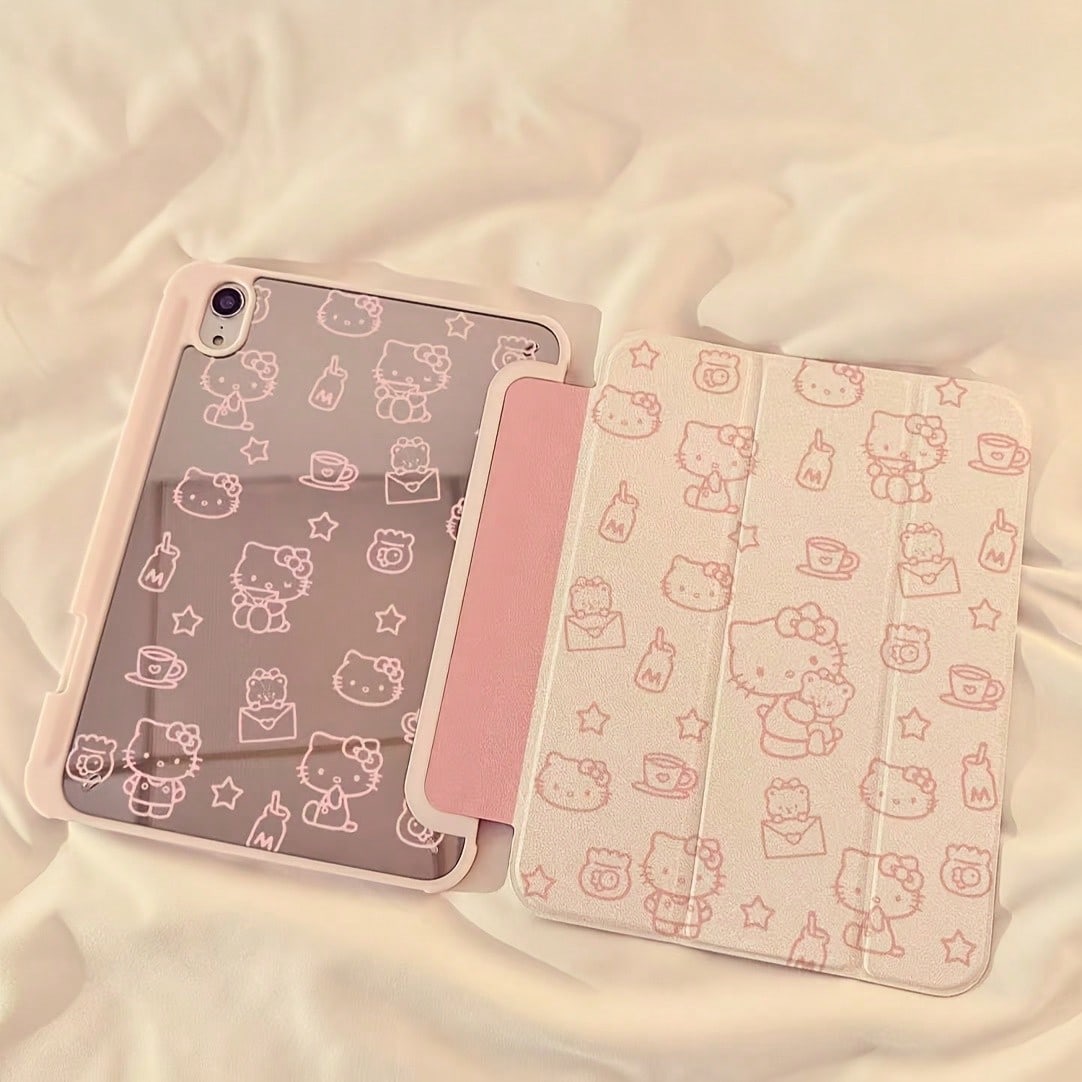 SANRIO 1pc Shockproof Tablet Cover With Pen Slot & Kickstand Desig Cute Pink Line Drawing Hello Kitty Print Unisex Transparent Hard Protective Shell Fit 11 2025/2025/10.9/Air4/5/6/10.2/Pro 11/10th Gen