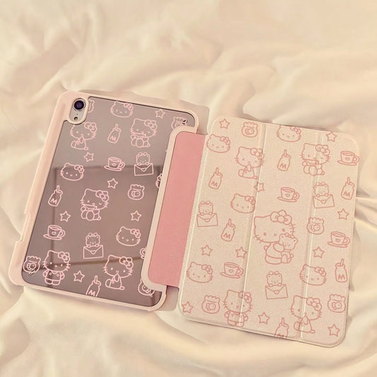 SANRIO 1pc Shockproof Tablet Cover With Pen Slot & Kickstand Desig Cute Pink Line Drawing Hello Kitty Print Unisex Transparent Hard Protective Shell Fit 11 2025/2025/10.9/Air4/5/6/10.2/Pro 11/10th Gen