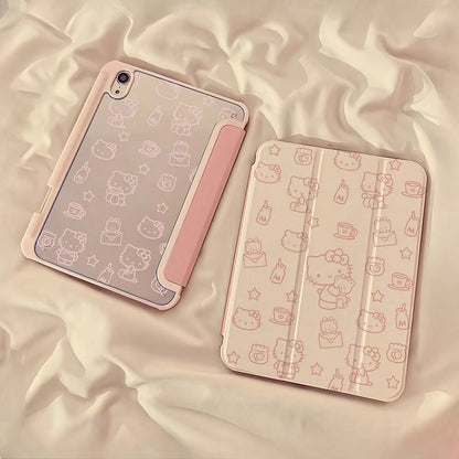 SANRIO 1pc Shockproof Tablet Cover With Pen Slot & Kickstand Desig Cute Pink Line Drawing Hello Kitty Print Unisex Transparent Hard Protective Shell Fit 11 2025/2025/10.9/Air4/5/6/10.2/Pro 11/10th Gen