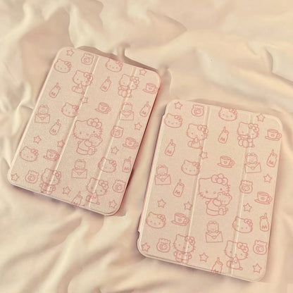 SANRIO 1pc Shockproof Tablet Cover With Pen Slot & Kickstand Desig Cute Pink Line Drawing Hello Kitty Print Unisex Transparent Hard Protective Shell Fit 11 2025/2025/10.9/Air4/5/6/10.2/Pro 11/10th Gen