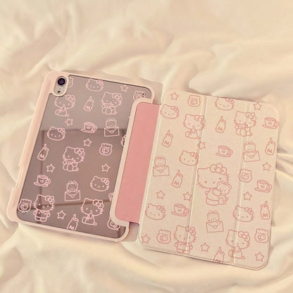 SANRIO 1pc Shockproof Tablet Cover With Pen Slot & Kickstand Desig Cute Pink Line Drawing Hello Kitty Print Unisex Transparent Hard Protective Shell Fit 11 2025/2025/10.9/Air4/5/6/10.2/Pro 11/10th Gen