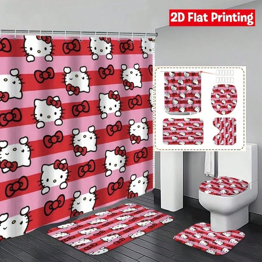 Sanrio Hello Kitty Shower Curtain Set, 4 Pieces, Red Bow Design, Suitable For Bathroom And Guest Room, Made Of Easy To Clean And Durable Material (Includes 2 Shower Curtains, 1 Toilet Lid Cover And 1