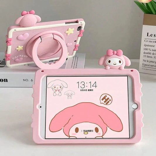 SANRIO Pink 3D Bow Bunny Decor Silicone Slate,360 ° Rotatable Kickstand,Portable Hand Grip Design,Shockproof Full Coverage Soft Protective Cover IOS Tablets,Fits Mini4-,Air1-8,Pro 11 Inch Gen3-8,Stand