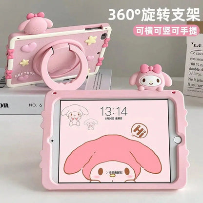 SANRIO Pink 3D Bow Bunny Decor Silicone Slate,360 ° Rotatable Kickstand,Portable Hand Grip Design,Shockproof Full Coverage Soft Protective Cover IOS Tablets,Fits Mini4-,Air1-8,Pro 11 Inch Gen3-8,Stand
