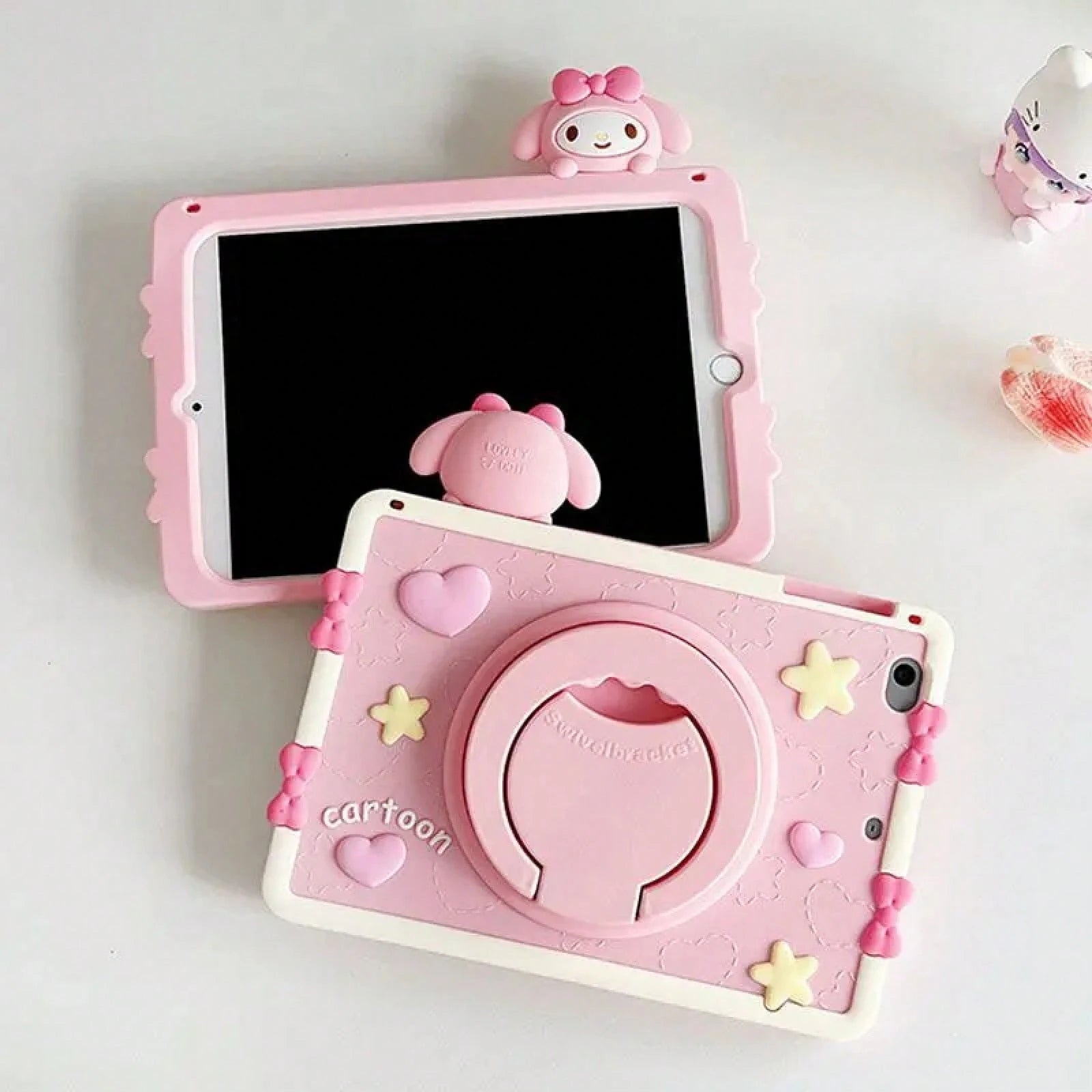 SANRIO Pink 3D Bow Bunny Decor Silicone Slate,360 ° Rotatable Kickstand,Portable Hand Grip Design,Shockproof Full Coverage Soft Protective Cover IOS Tablets,Fits Mini4-,Air1-8,Pro 11 Inch Gen3-8,Stand