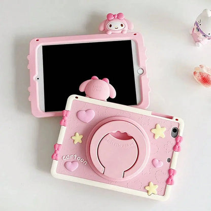 SANRIO Pink 3D Bow Bunny Decor Silicone Slate,360 ° Rotatable Kickstand,Portable Hand Grip Design,Shockproof Full Coverage Soft Protective Cover IOS Tablets,Fits Mini4-,Air1-8,Pro 11 Inch Gen3-8,Stand