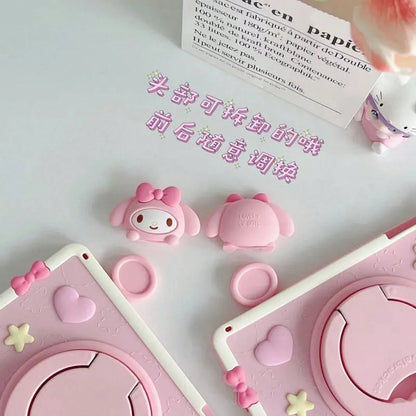 SANRIO Pink 3D Bow Bunny Decor Silicone Slate,360 ° Rotatable Kickstand,Portable Hand Grip Design,Shockproof Full Coverage Soft Protective Cover IOS Tablets,Fits Mini4-,Air1-8,Pro 11 Inch Gen3-8,Stand