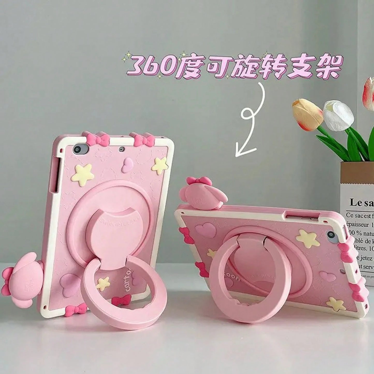 SANRIO Pink 3D Bow Bunny Decor Silicone Slate,360 ° Rotatable Kickstand,Portable Hand Grip Design,Shockproof Full Coverage Soft Protective Cover IOS Tablets,Fits Mini4-,Air1-8,Pro 11 Inch Gen3-8,Stand