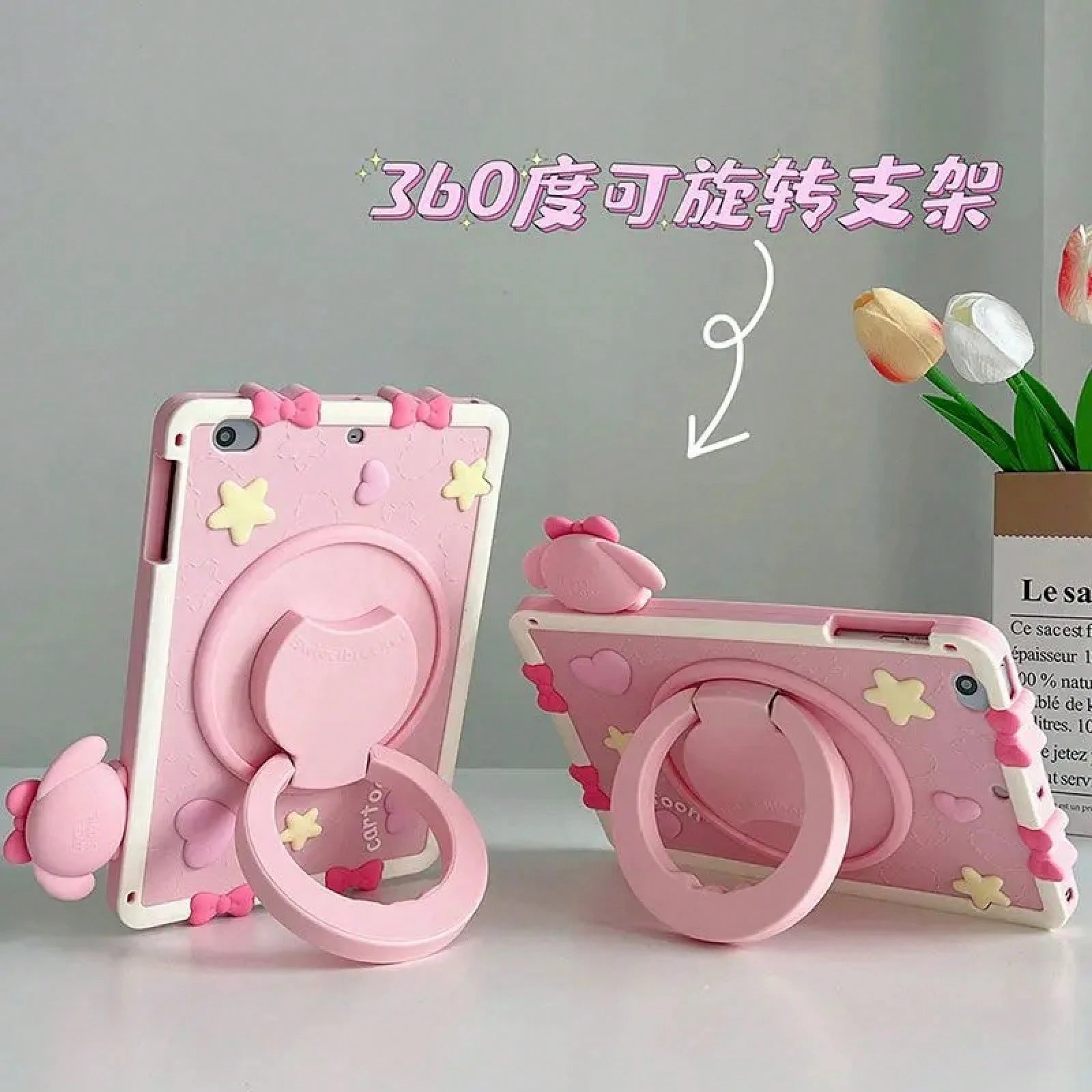 SANRIO Pink 3D Bow Bunny Decor Silicone Slate,360 ° Rotatable Kickstand,Portable Hand Grip Design,Shockproof Full Coverage Soft Protective Cover IOS Tablets,Fits Mini4-,Air1-8,Pro 11 Inch Gen3-8,Stand