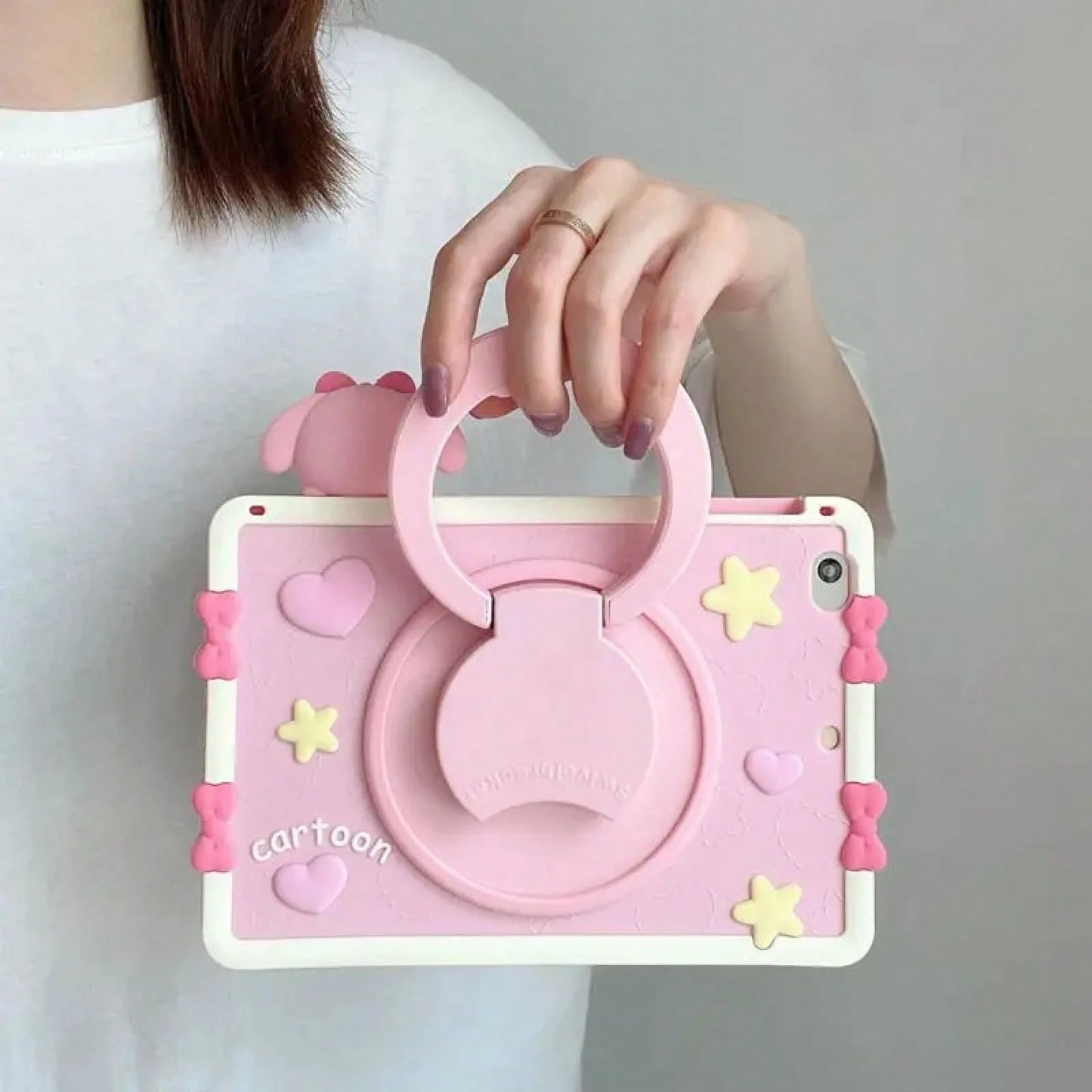 SANRIO Pink 3D Bow Bunny Decor Silicone Slate,360 ° Rotatable Kickstand,Portable Hand Grip Design,Shockproof Full Coverage Soft Protective Cover IOS Tablets,Fits Mini4-,Air1-8,Pro 11 Inch Gen3-8,Stand