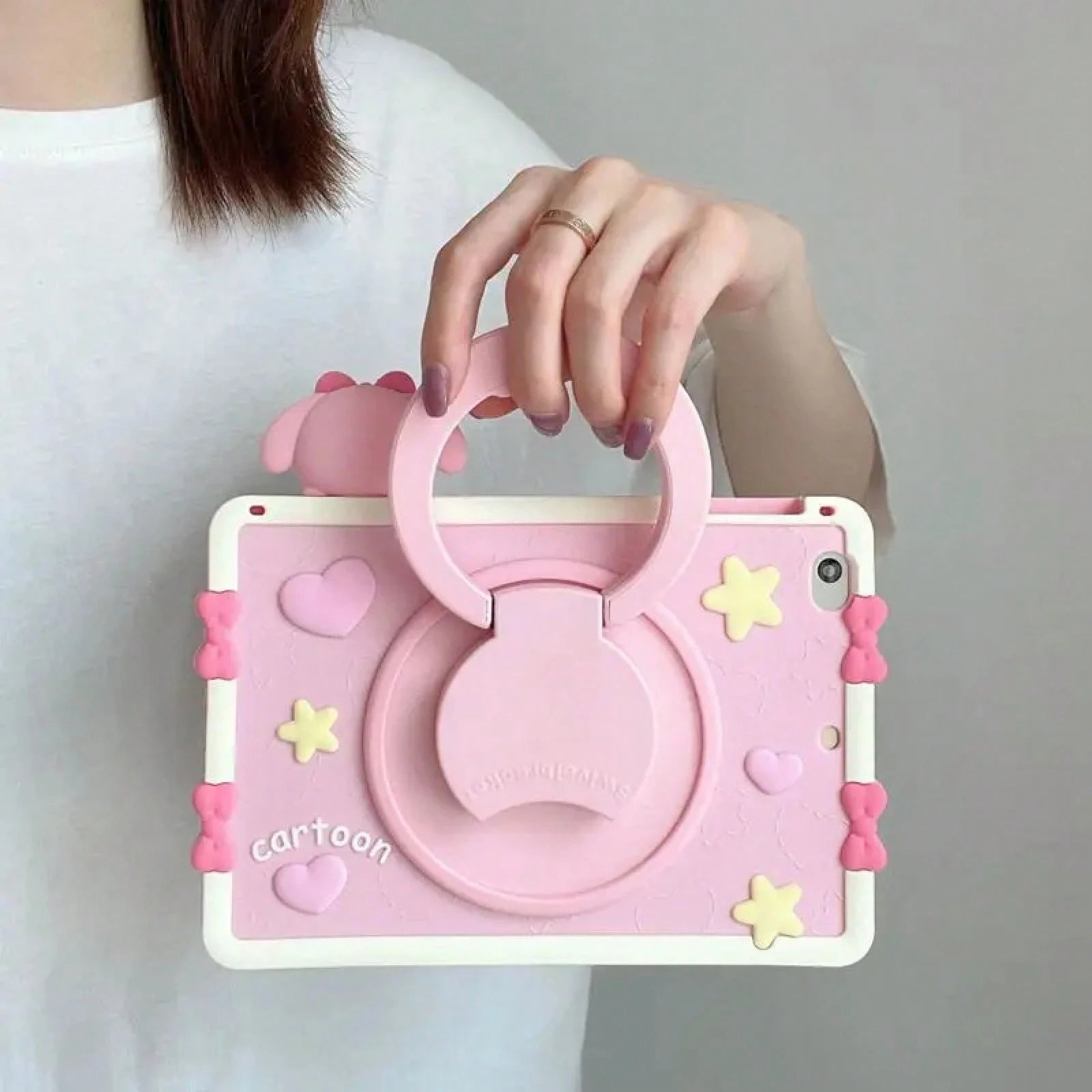 SANRIO Pink 3D Bow Bunny Decor Silicone Slate,360 ° Rotatable Kickstand,Portable Hand Grip Design,Shockproof Full Coverage Soft Protective Cover IOS Tablets,Fits Mini4-,Air1-8,Pro 11 Inch Gen3-8,Stand
