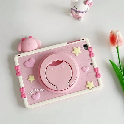 SANRIO Pink 3D Bow Bunny Decor Silicone Slate,360 ° Rotatable Kickstand,Portable Hand Grip Design,Shockproof Full Coverage Soft Protective Cover IOS Tablets,Fits Mini4-,Air1-8,Pro 11 Inch Gen3-8,Stand