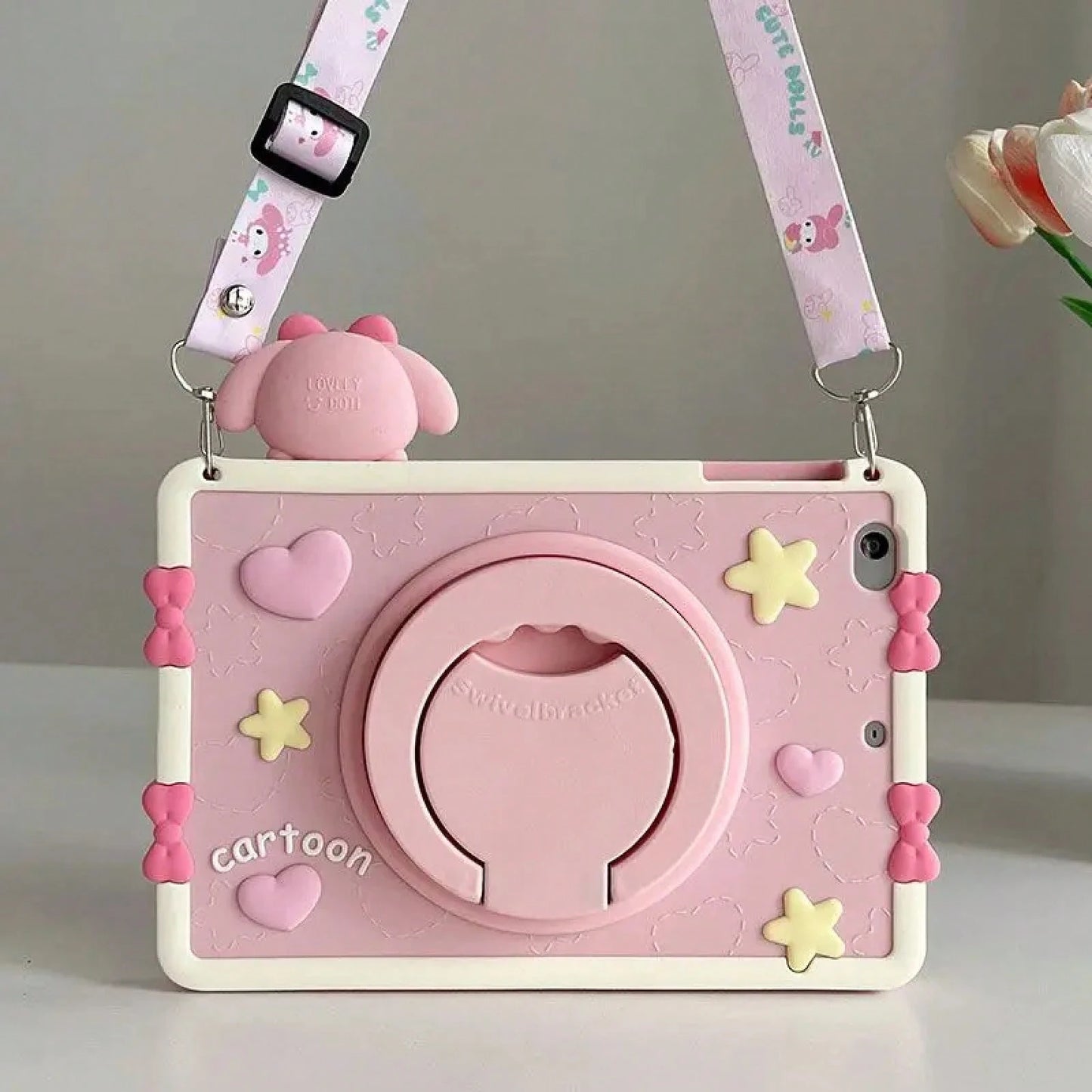 SANRIO Pink 3D Bow Bunny Decor Silicone Slate,360 ° Rotatable Kickstand,Portable Hand Grip Design,Shockproof Full Coverage Soft Protective Cover IOS Tablets,Fits Mini4-,Air1-8,Pro 11 Inch Gen3-8,Stand