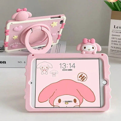 SANRIO Pink 3D Bow Bunny Decor Silicone Slate,360 ° Rotatable Kickstand,Portable Hand Grip Design,Shockproof Full Coverage Soft Protective Cover IOS Tablets,Fits Mini4-,Air1-8,Pro 11 Inch Gen3-8,Stand
