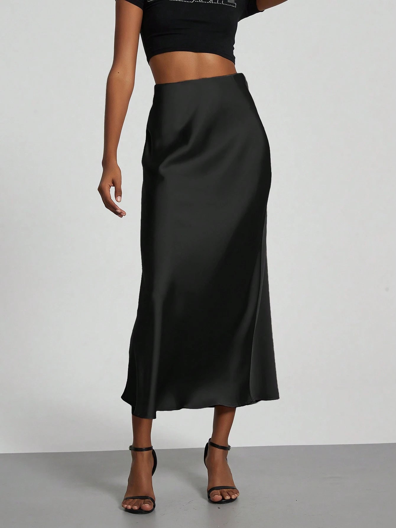 Se-Helo Fashion Women's Elastic Satin Feeling Satin Maxi Skirt- Black Casual Spring, Elegant
