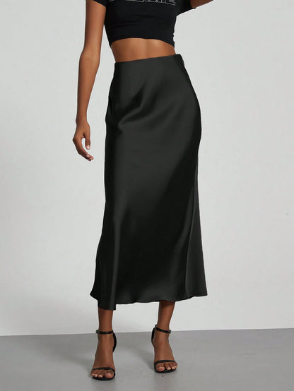 Se-Helo Fashion Women's Elastic Satin Feeling Satin Maxi Skirt- Black Casual Spring, Elegant