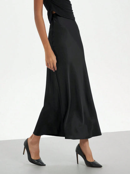 Se-Helo Fashion Women's Elastic Satin Feeling Satin Maxi Skirt- Black Casual Spring, Elegant