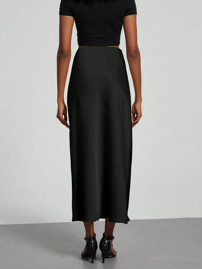 Se-Helo Fashion Women's Elastic Satin Feeling Satin Maxi Skirt- Black Casual Spring, Elegant
