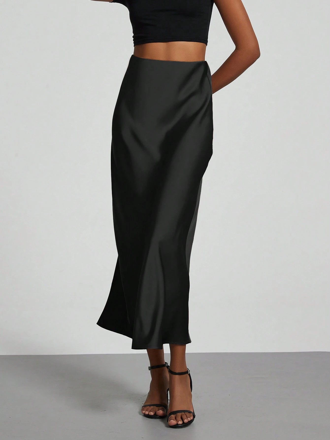 Se-Helo Fashion Women's Elastic Satin Feeling Satin Maxi Skirt- Black Casual Spring, Elegant