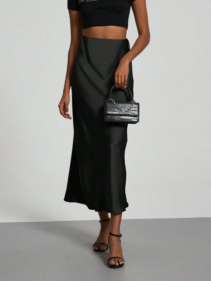 Se-Helo Fashion Women's Elastic Satin Feeling Satin Maxi Skirt- Black Casual Spring, Elegant